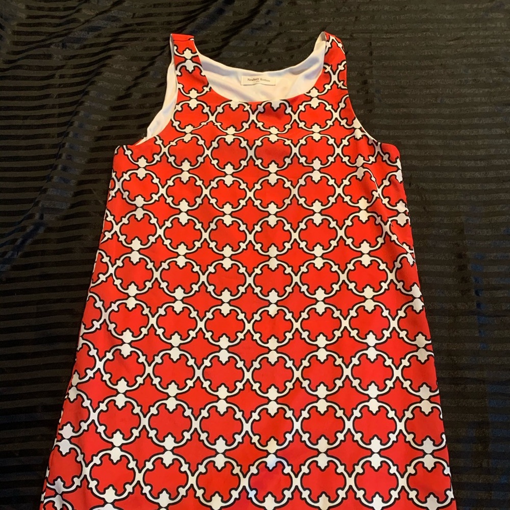 Bold red patterned shift dress